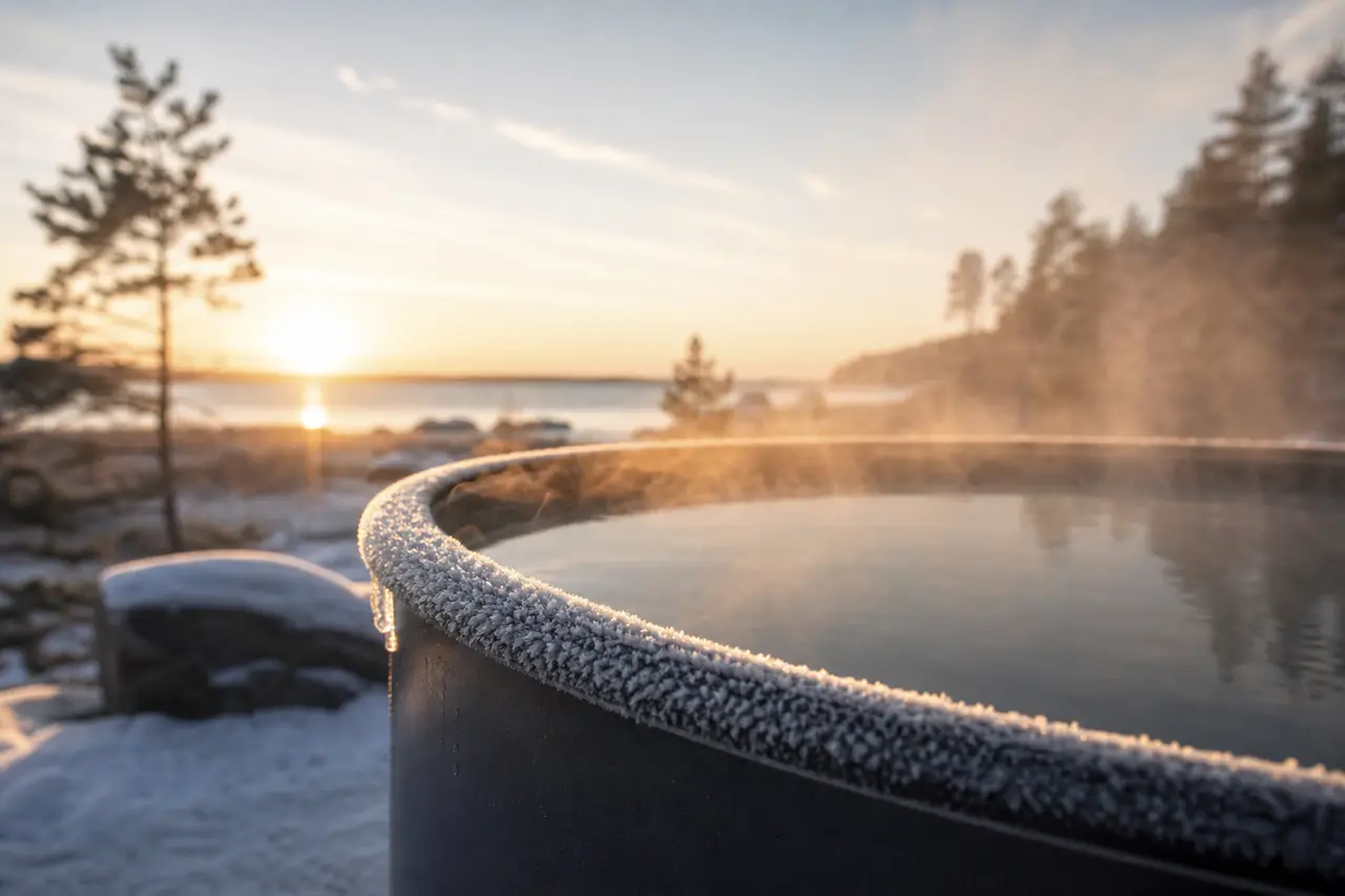 Frost on the edge of a cold plunge tub outdoors at dawn with steam rising