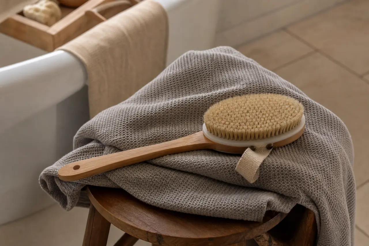 A natural bristle body brush resting on a folded towel beside a bathtub in soft light