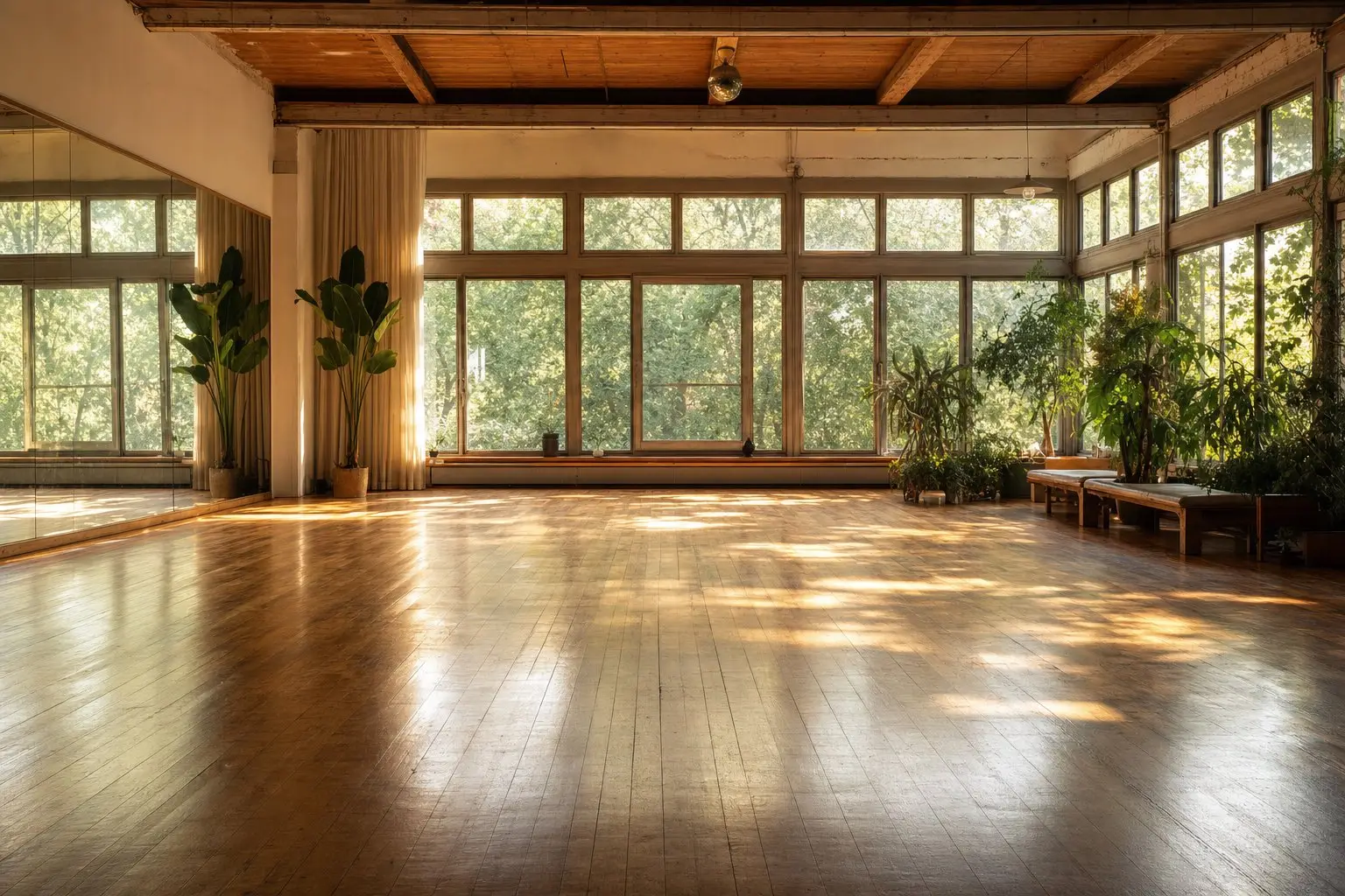A warmly lit open studio floor set up for free-form dance, no people