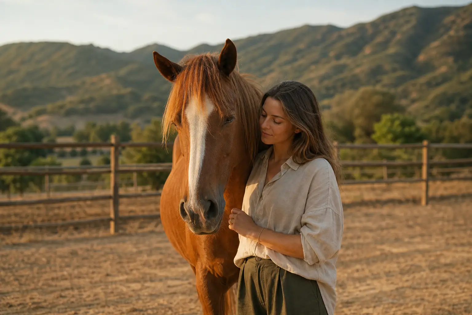 A person standing quietly beside a chestnut horse in a sunlit paddock, gently resting a hand on its neck, green hills in the soft background, warm golden-hour light, calm and grounded mood
