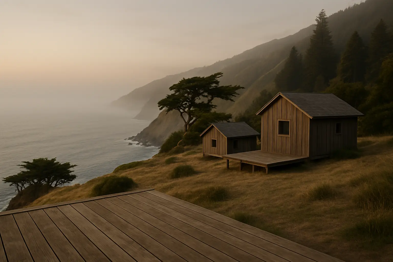 Simple timber cabins and decks on a Big Sur headland above the Pacific at dusk with fog on the water