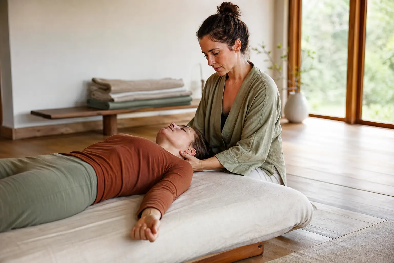 A quiet, wood-floored movement studio with natural light, a practitioner kneeling beside a client lying on a low padded table, both in calm focused postures, minimal decor and a few folded blankets in the background