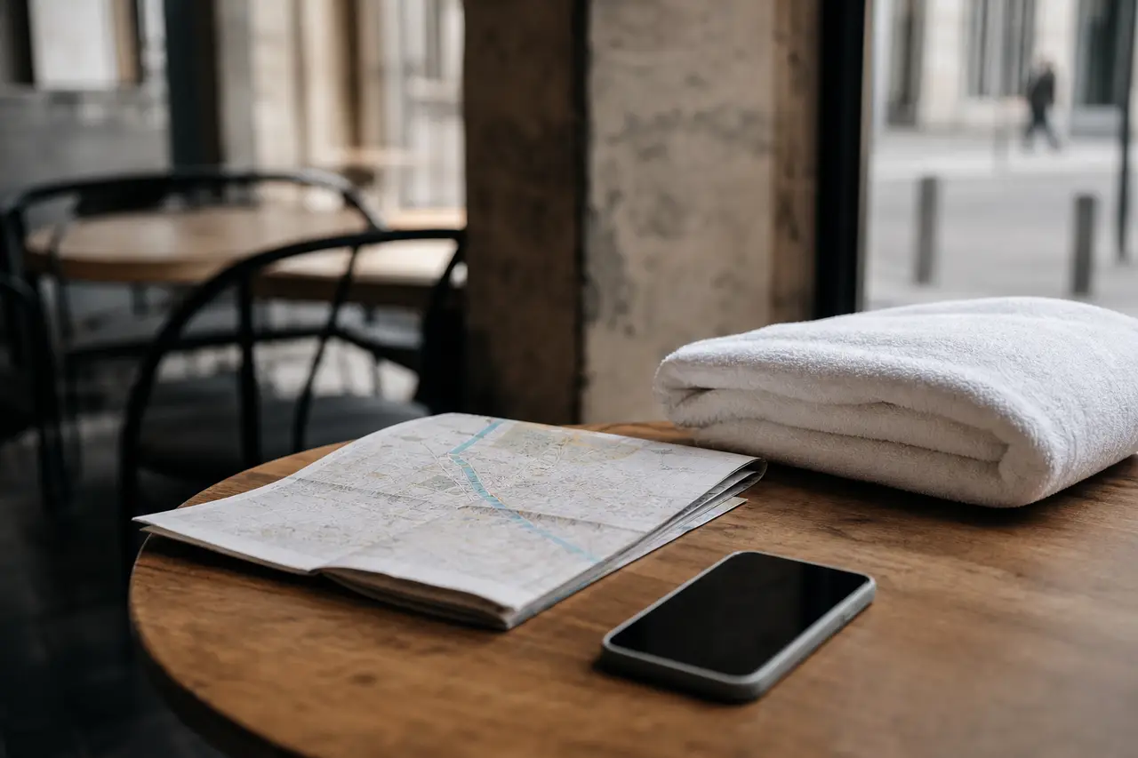A phone and a paper map on a cafe table beside a folded towel, in an unfamiliar city