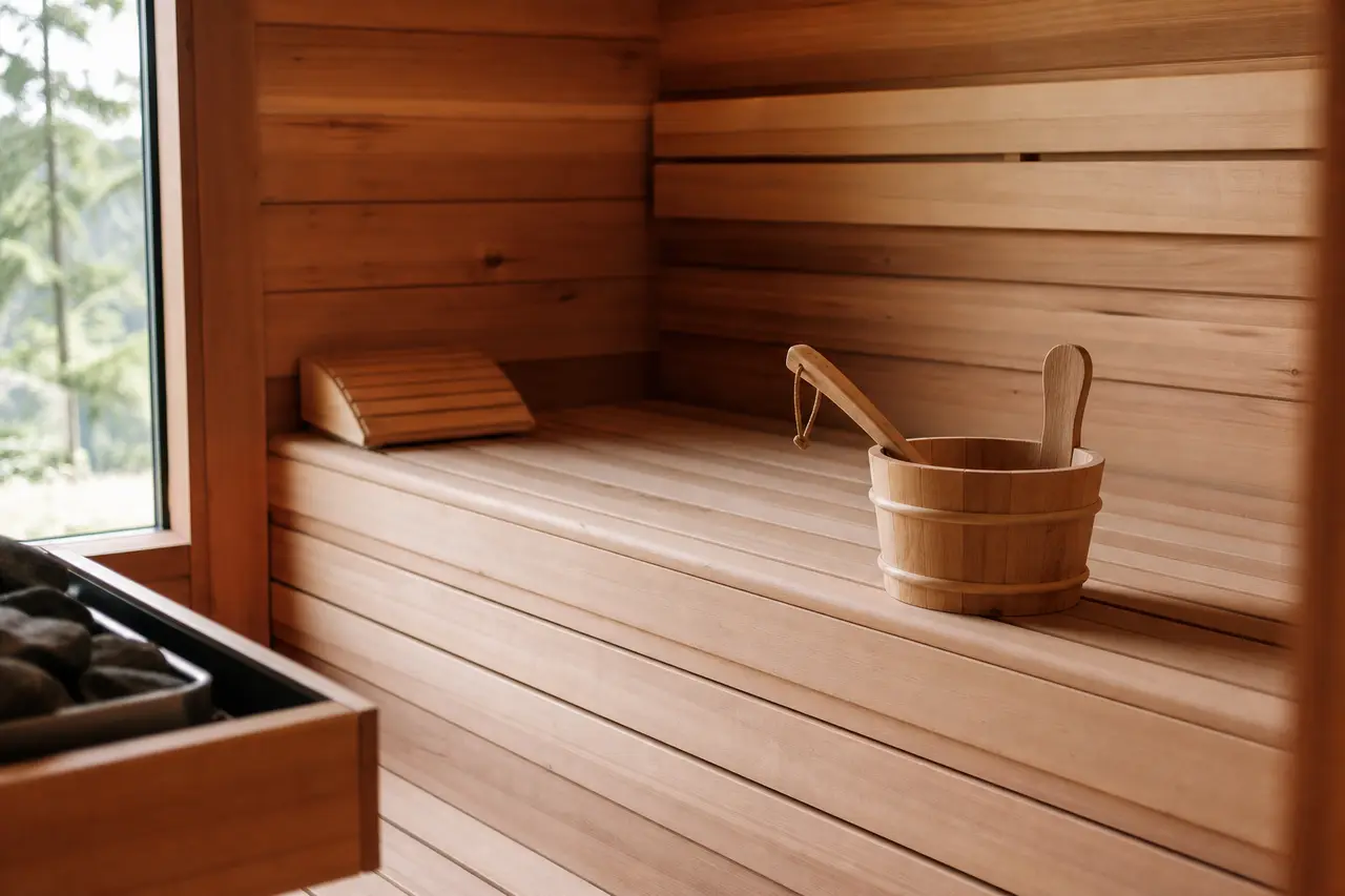 A calm empty cedar sauna interior with a wooden bucket and ladle on the bench