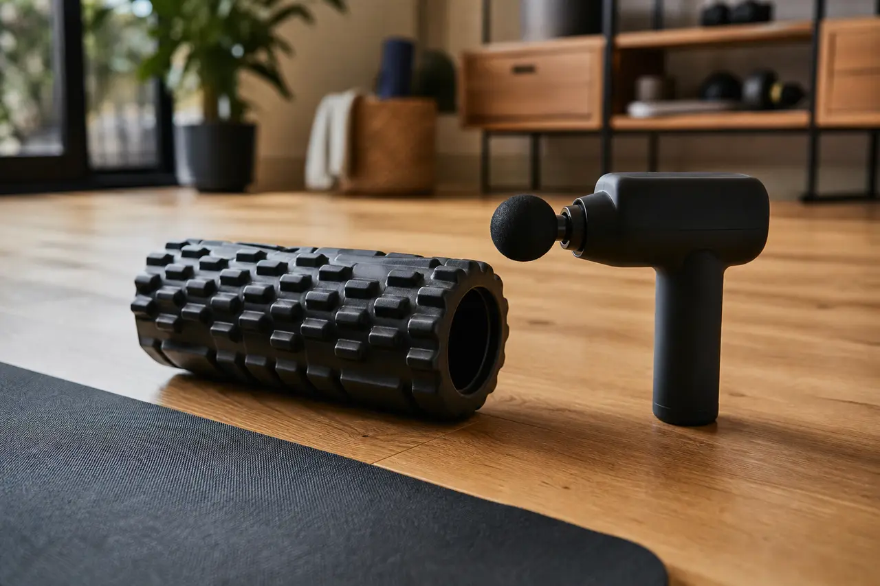A foam roller and a percussion massage gun side by side on a wooden floor beside a mat