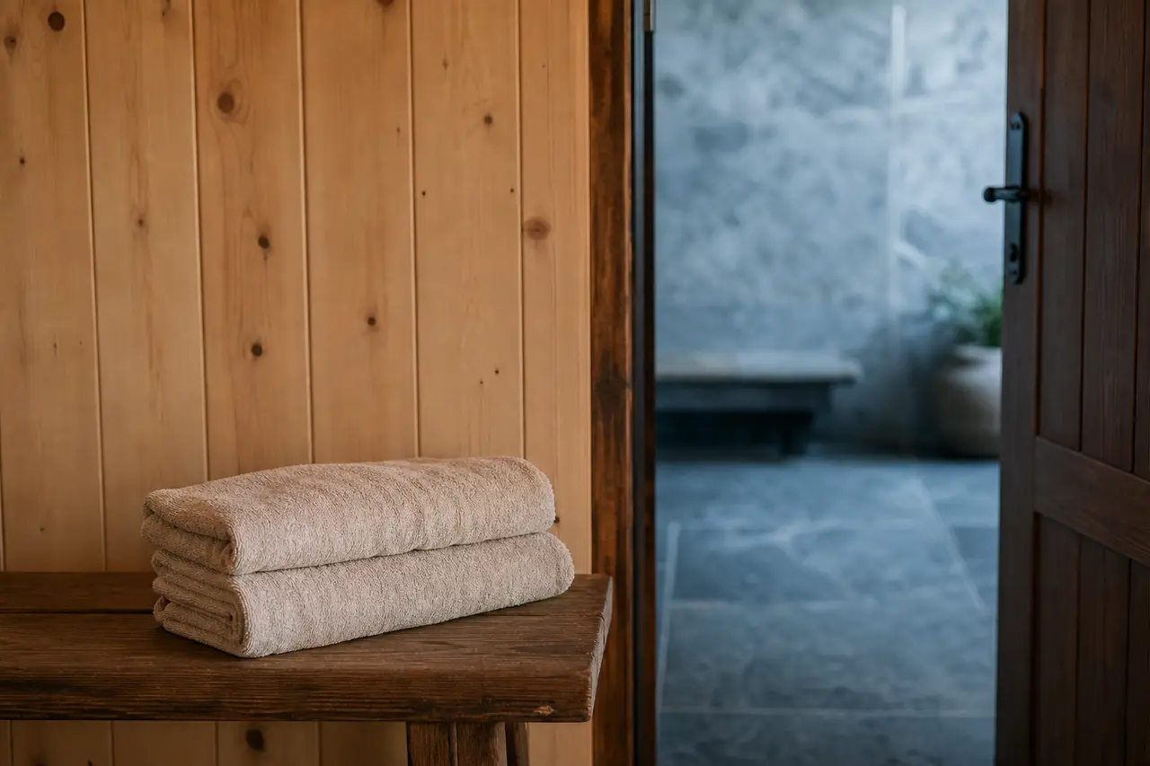 Two towels folded on a wooden bench beside an open door to a cool room