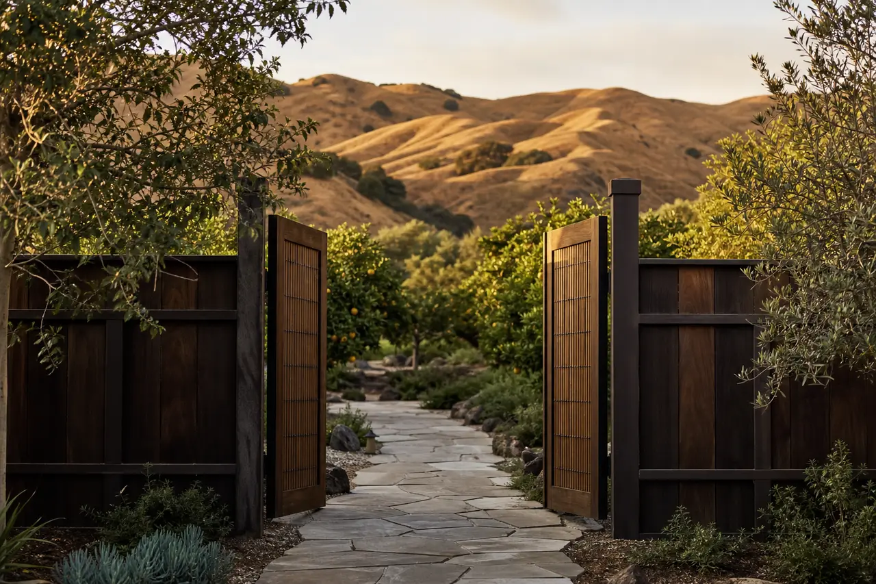 A wooden gate in a Japanese-style garden opening onto a stone path between citrus trees, with dry hills behind in warm evening light