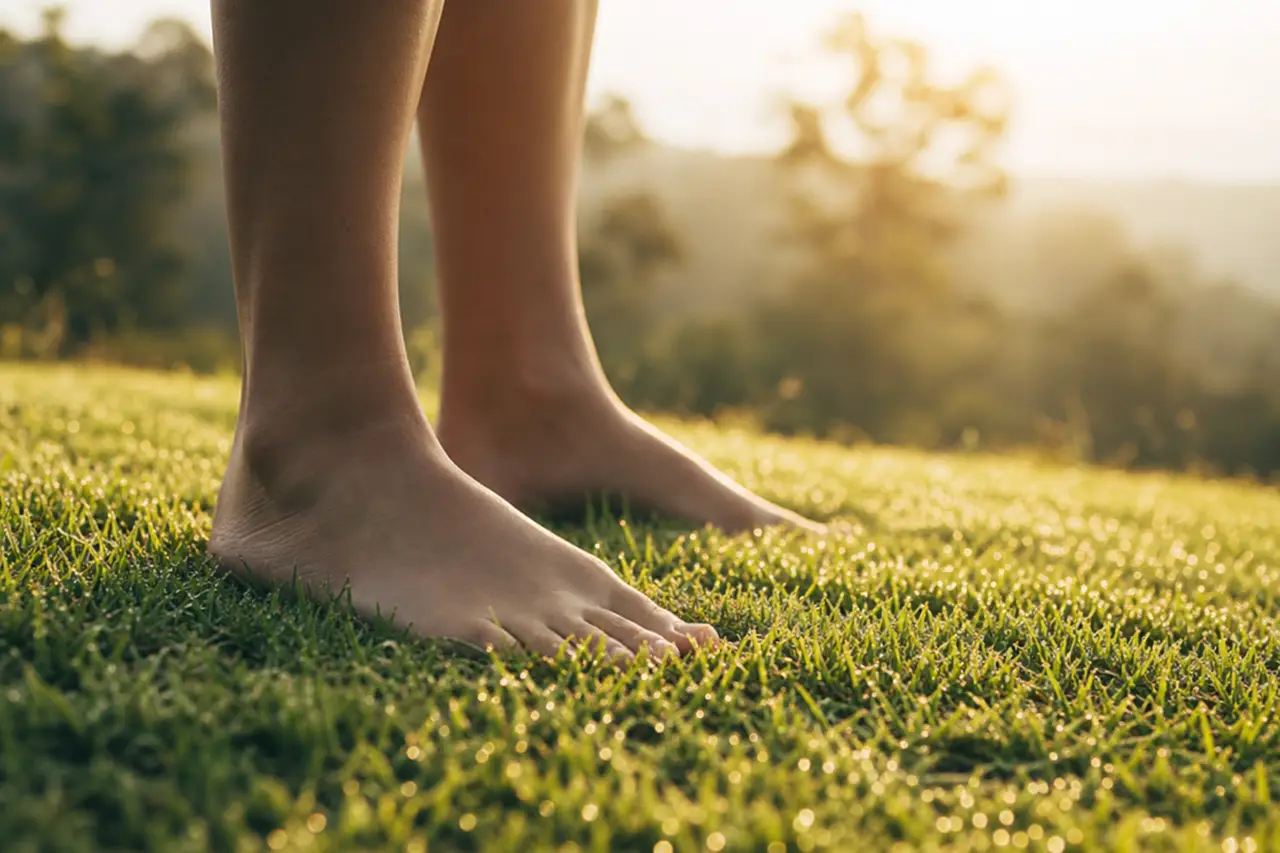 Bare feet standing on dewy morning grass in soft golden light