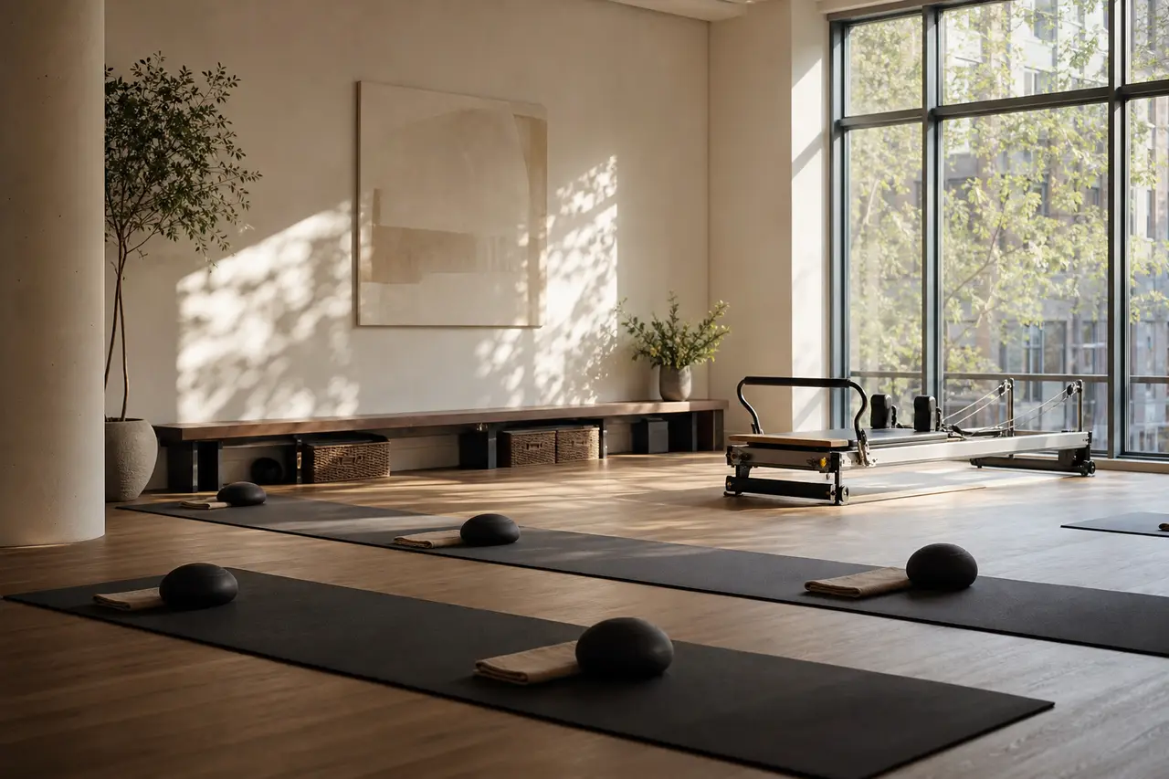 An empty studio with mats laid out in rows and a single reformer by the window in morning light