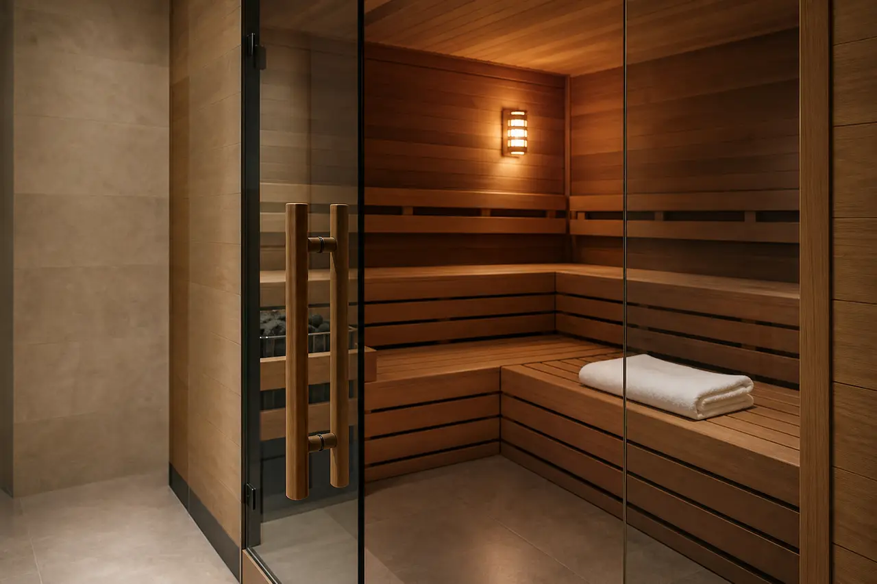 A modern gym locker-room sauna with cedar benches seen through a glass door, with a white towel folded on the bench