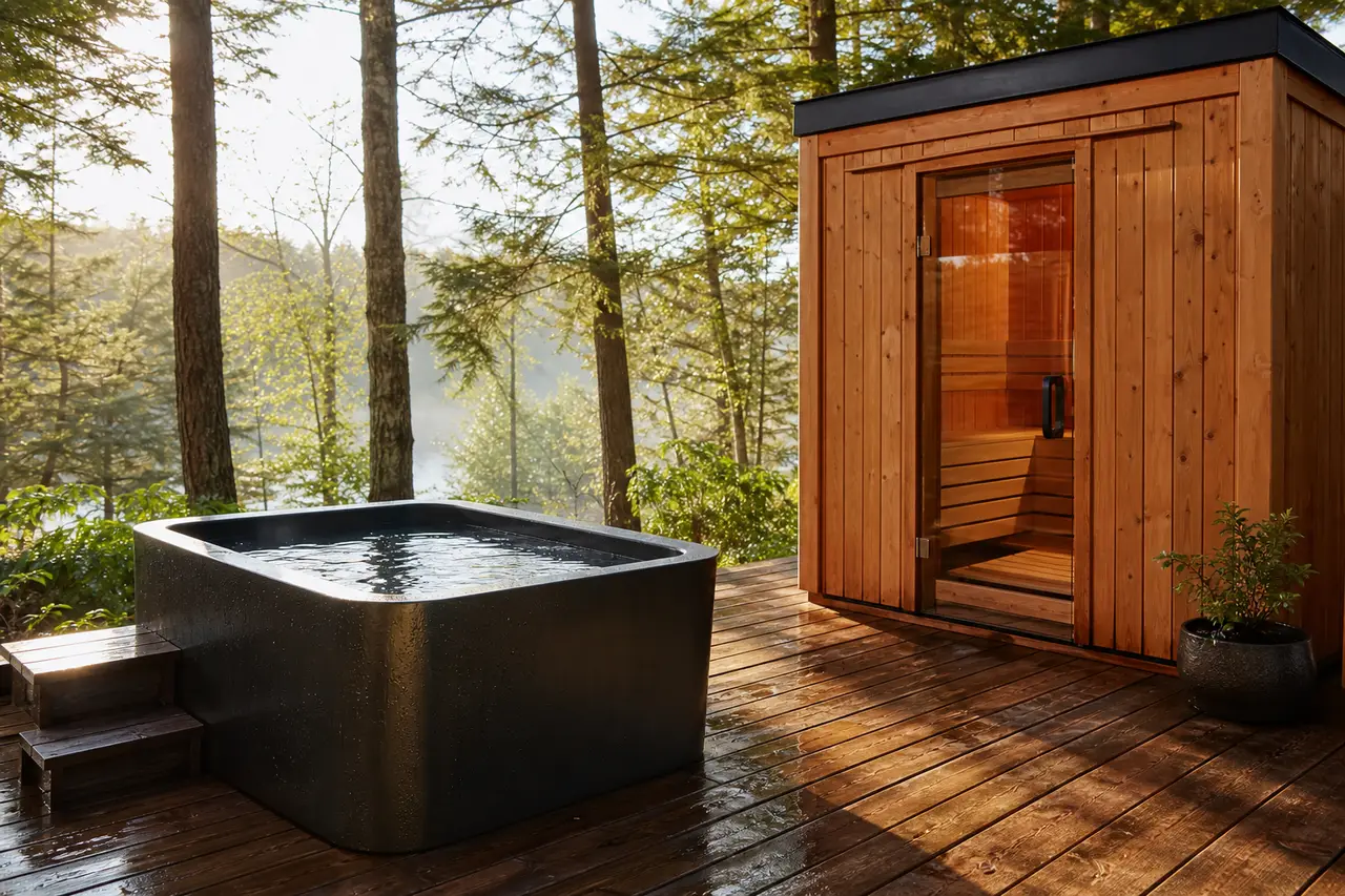 A simple backyard cold plunge tub and a small cedar sauna on a wooden deck in morning light