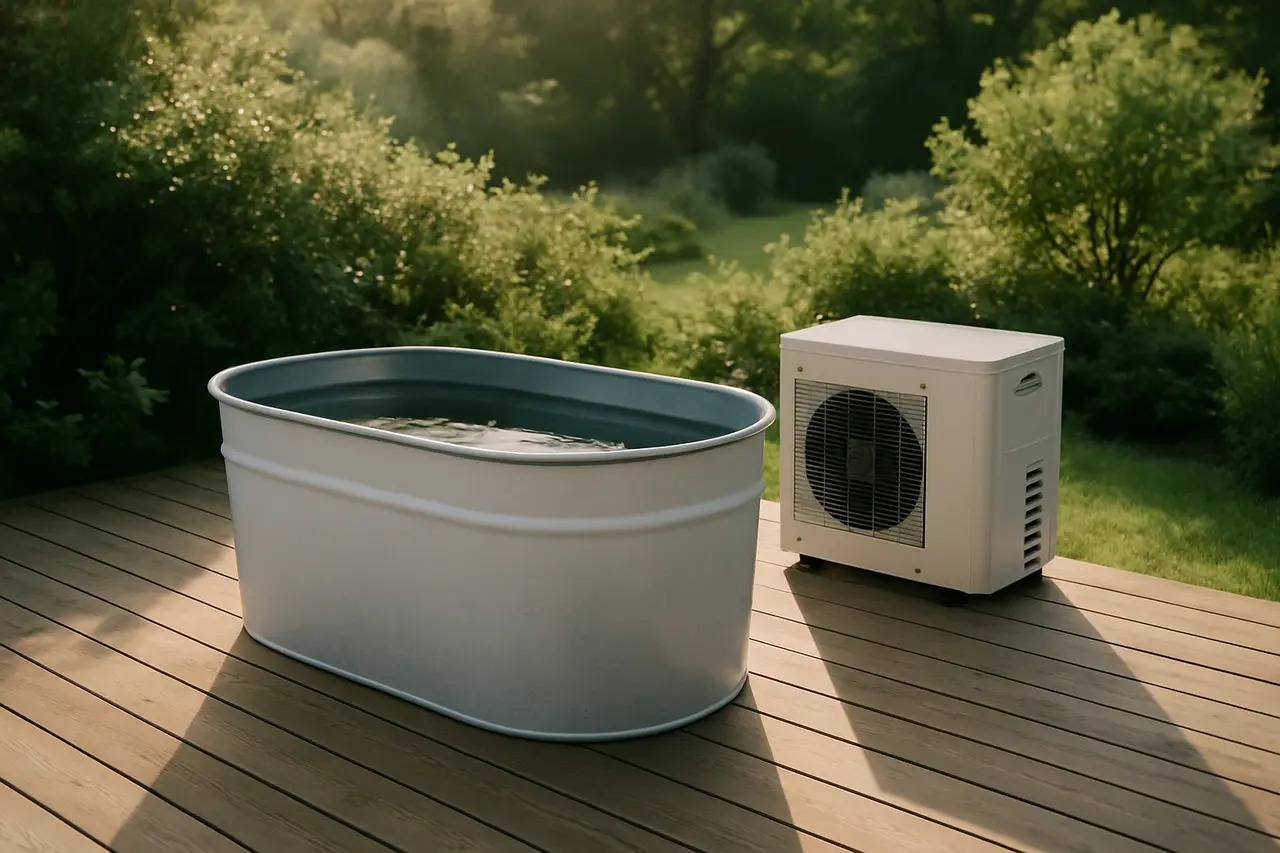 A cold plunge tub on a wooden deck beside a small chiller unit in morning light