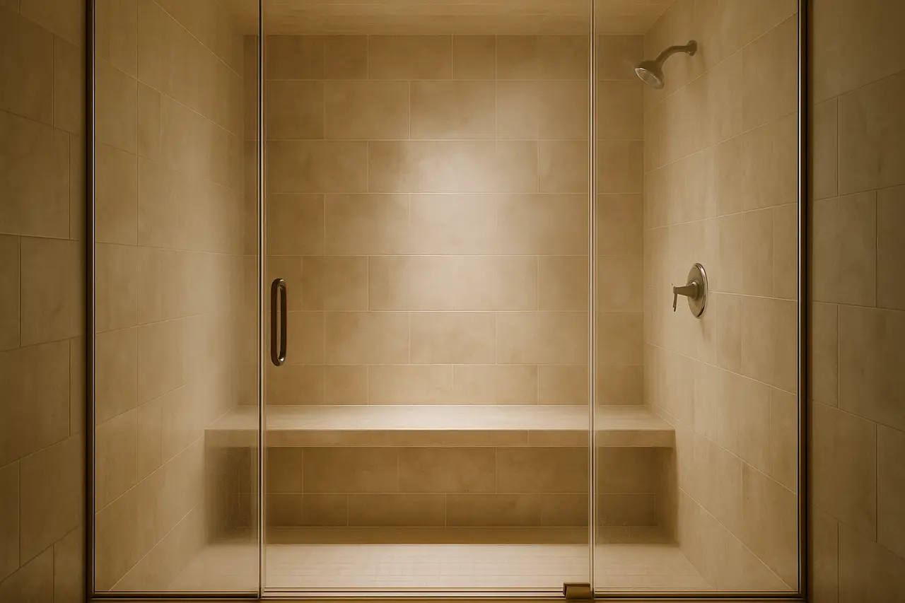 A tiled steam shower enclosure with a glass door and soft light