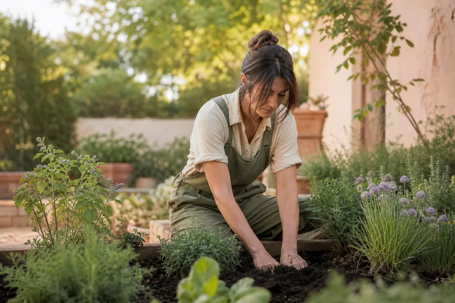 A person kneeling in a raised garden bed, hands in dark soil, surrounded by green herbs and flowering plants in a sunny therapeutic garden, soft natural light, calm and purposeful mood