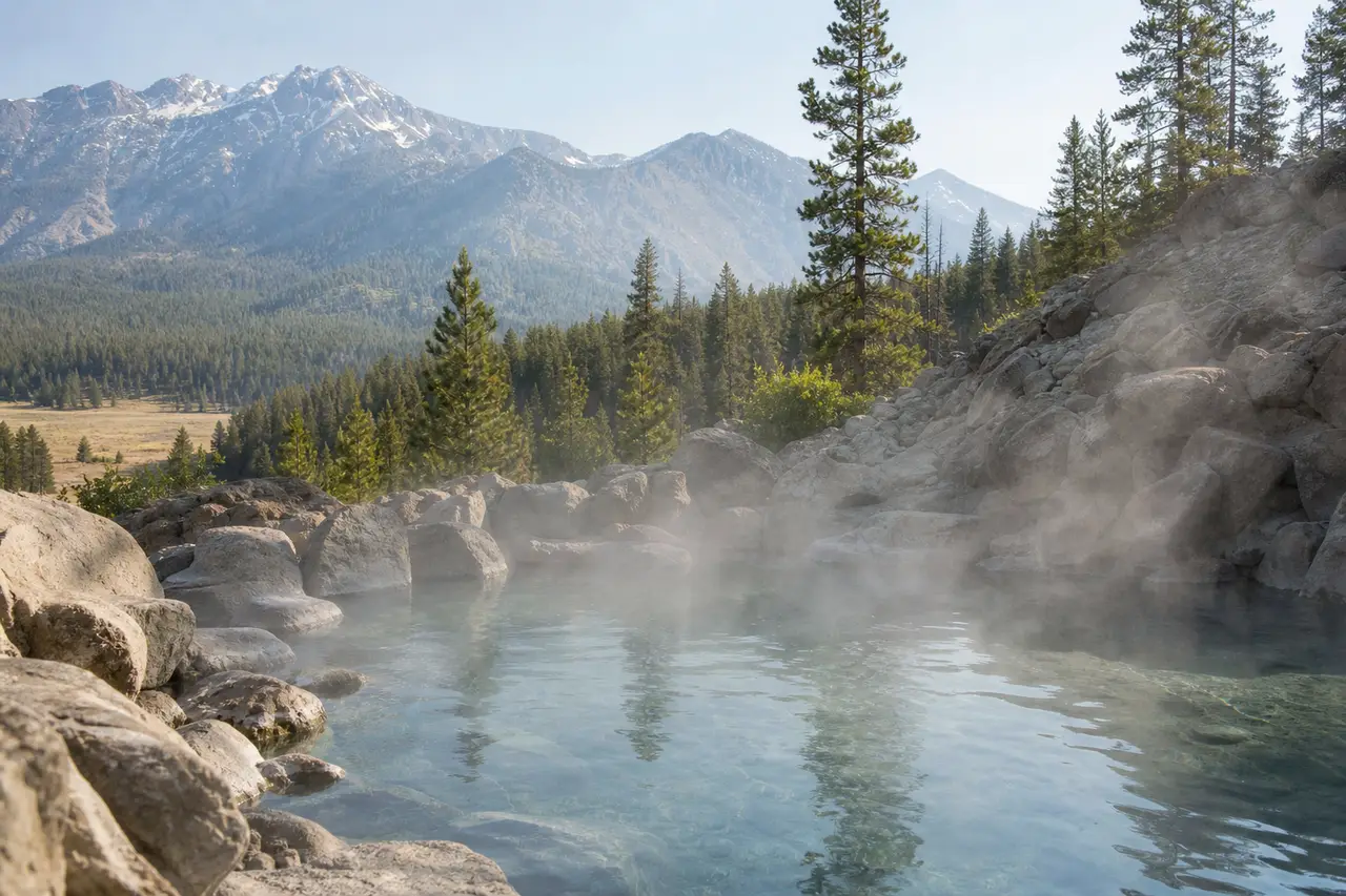A steaming natural hot spring pool among boulders, with pine trees and snow-capped mountains behind