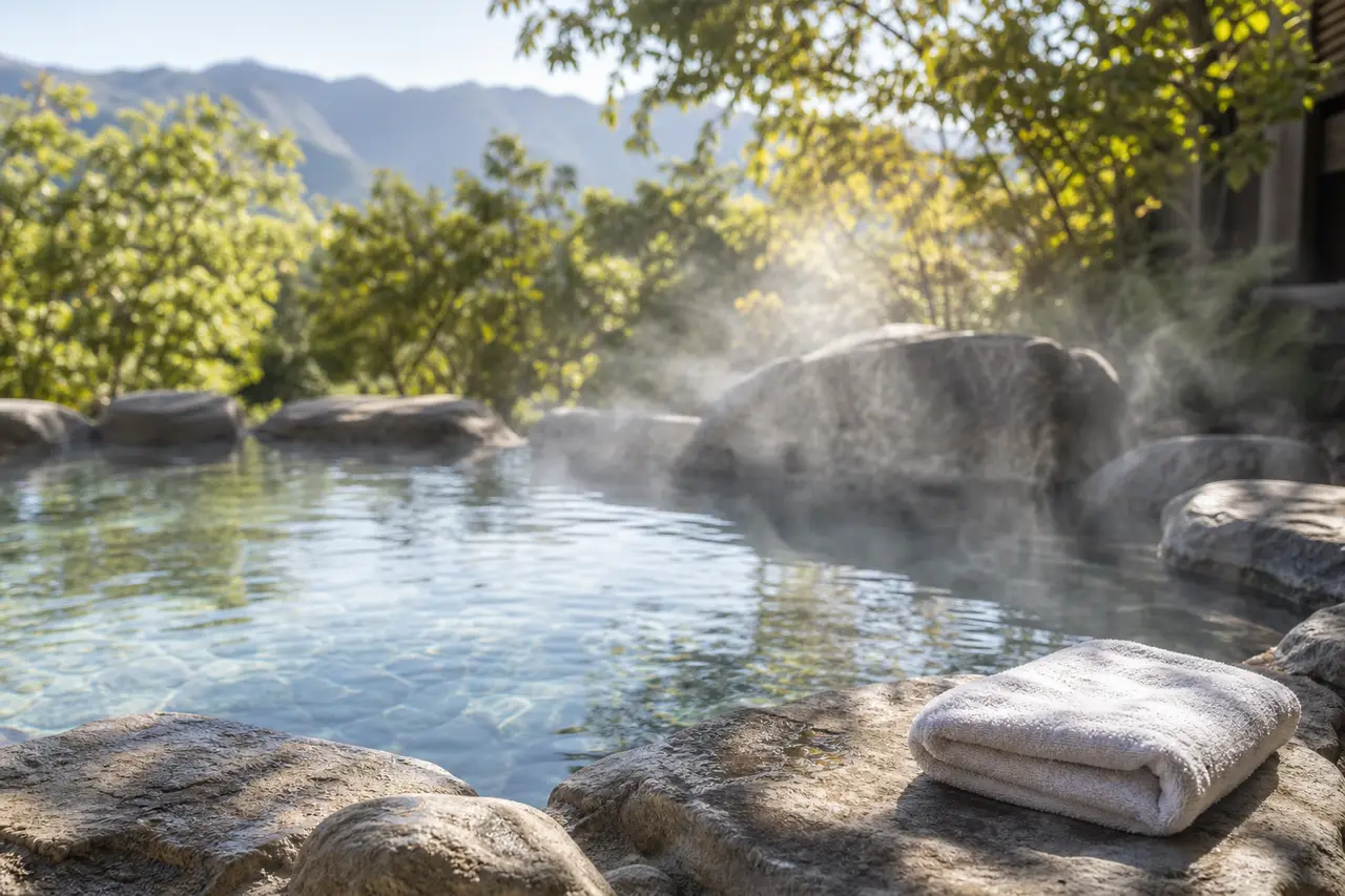 A calm natural hot spring pool edged with smooth stones, light steam over the water and a towel folded on a flat rock