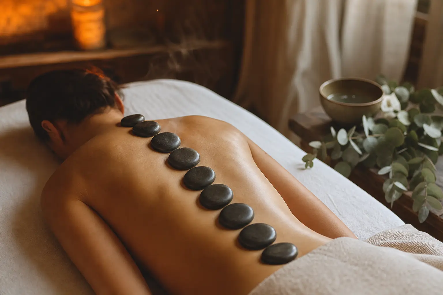 Smooth dark basalt stones arranged in a line along a client's spine on a white massage table, steam rising faintly, warm amber lighting, a small bowl of water and eucalyptus sprigs on a wooden side table