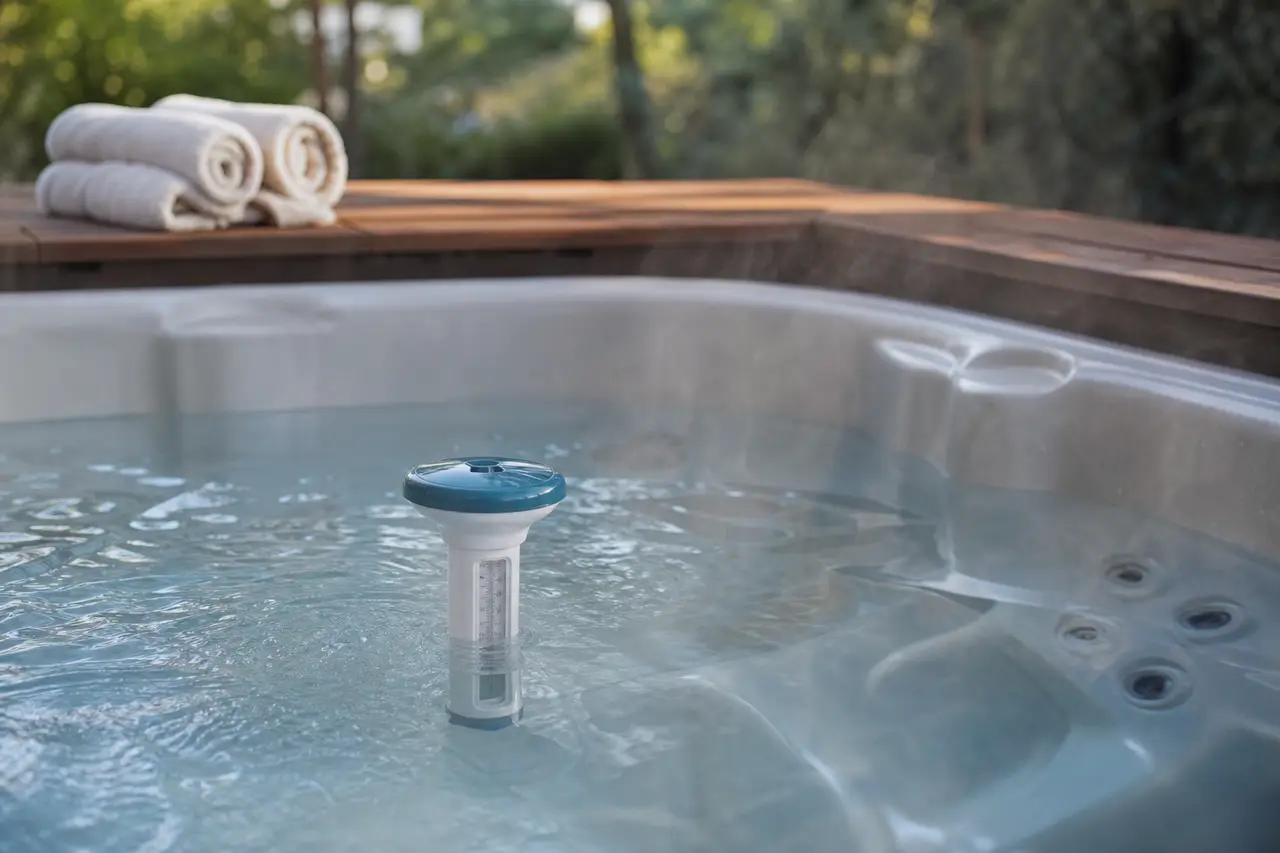 A floating thermometer in the clear water of an outdoor hot tub with light steam rising, a wooden deck and towels in the background