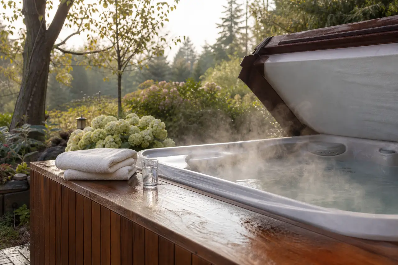 An outdoor hot tub with its cover folded back and light steam rising, a folded towel and a glass of water on the wooden ledge in soft morning light