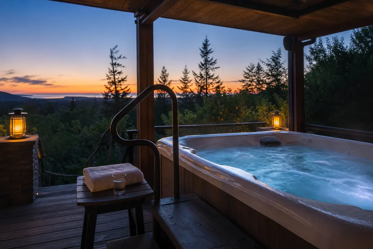 An outdoor hot tub under a roofed wooden deck at dusk with a sturdy handrail by the steps, a folded towel and a glass of water on a side table