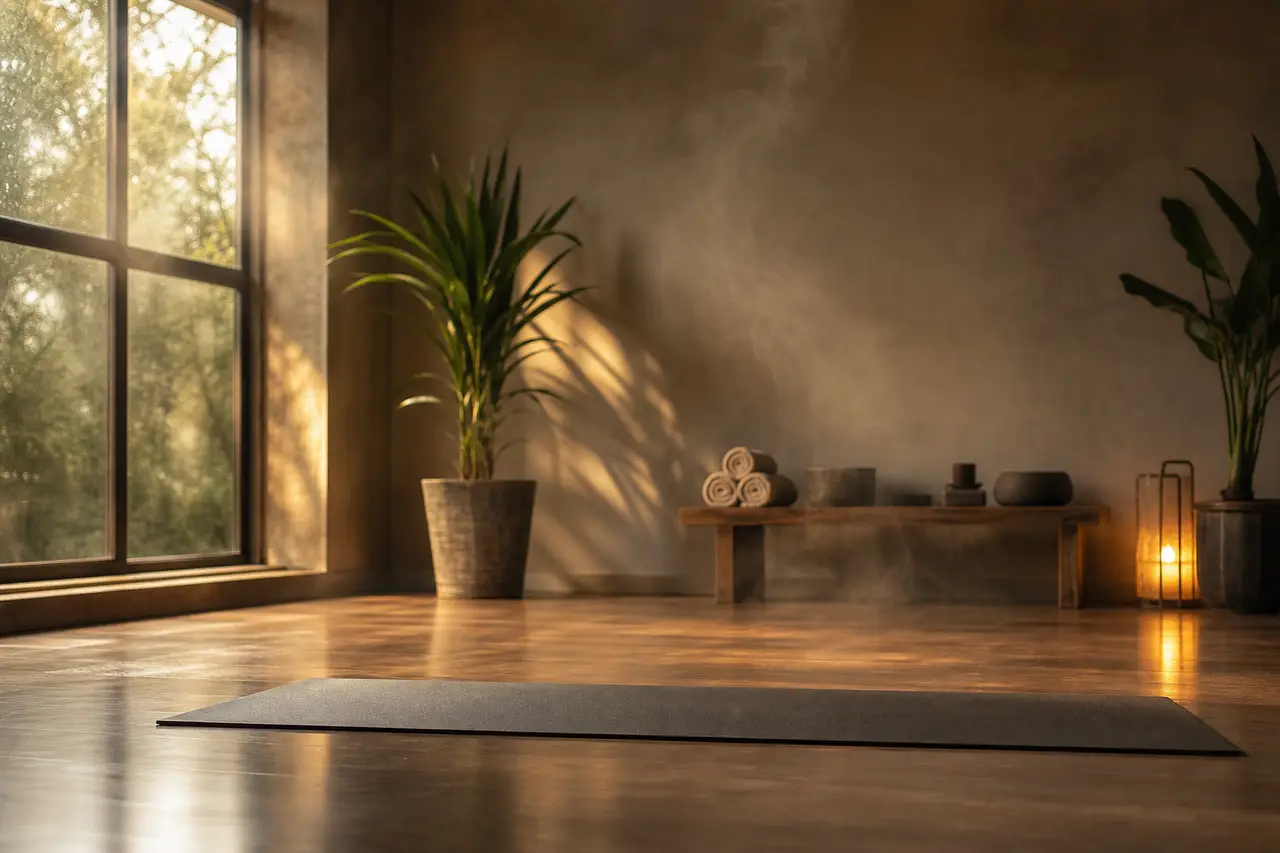 A warm yoga studio with soft light and a single mat, faint steam in the air