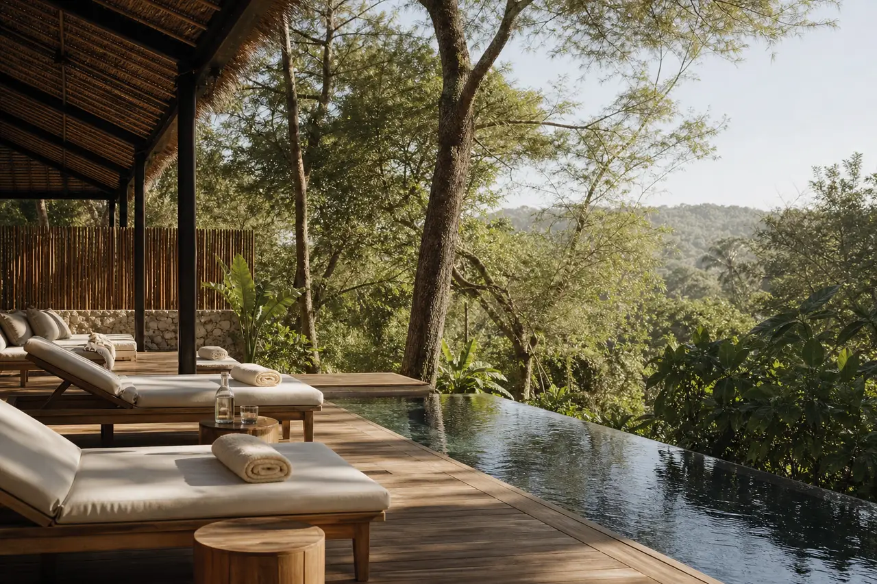 A quiet resort terrace with loungers overlooking trees in soft afternoon light
