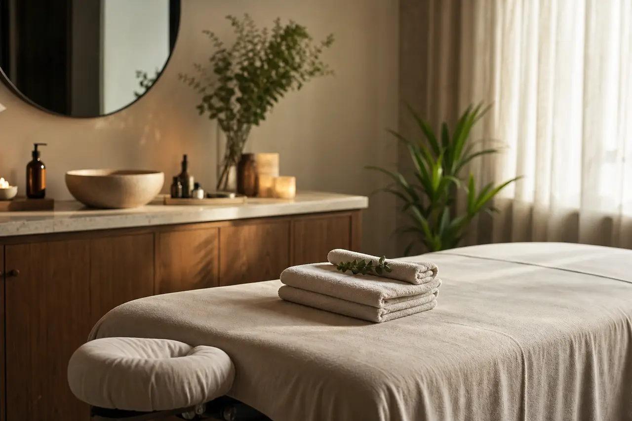 A neatly made massage table with folded towels in a calm treatment room