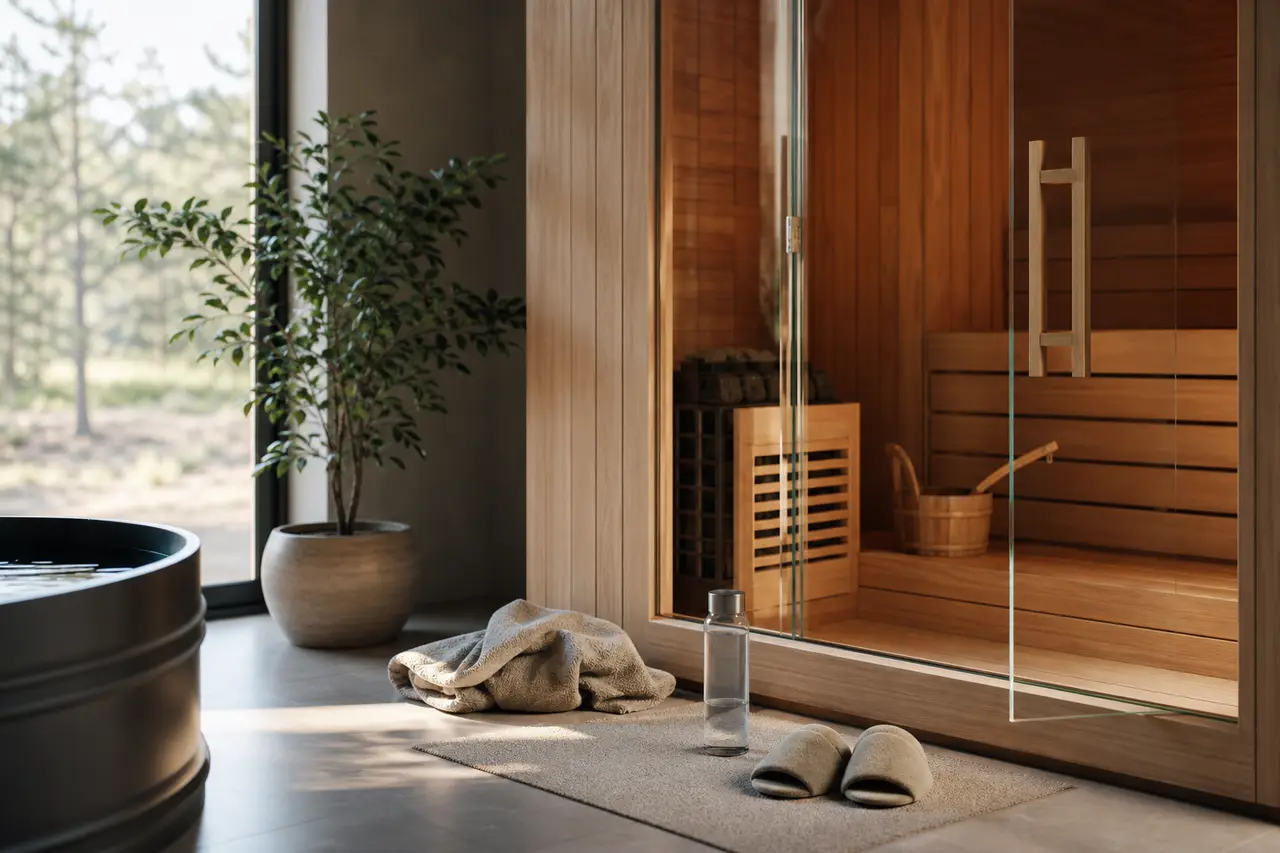 A tidy home wellness corner with a towel, water bottle and slippers by a small sauna in morning light