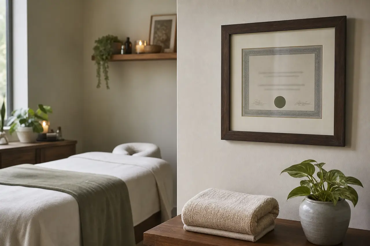 A framed certificate on a treatment room wall beside a folded towel and a small plant, softly lit