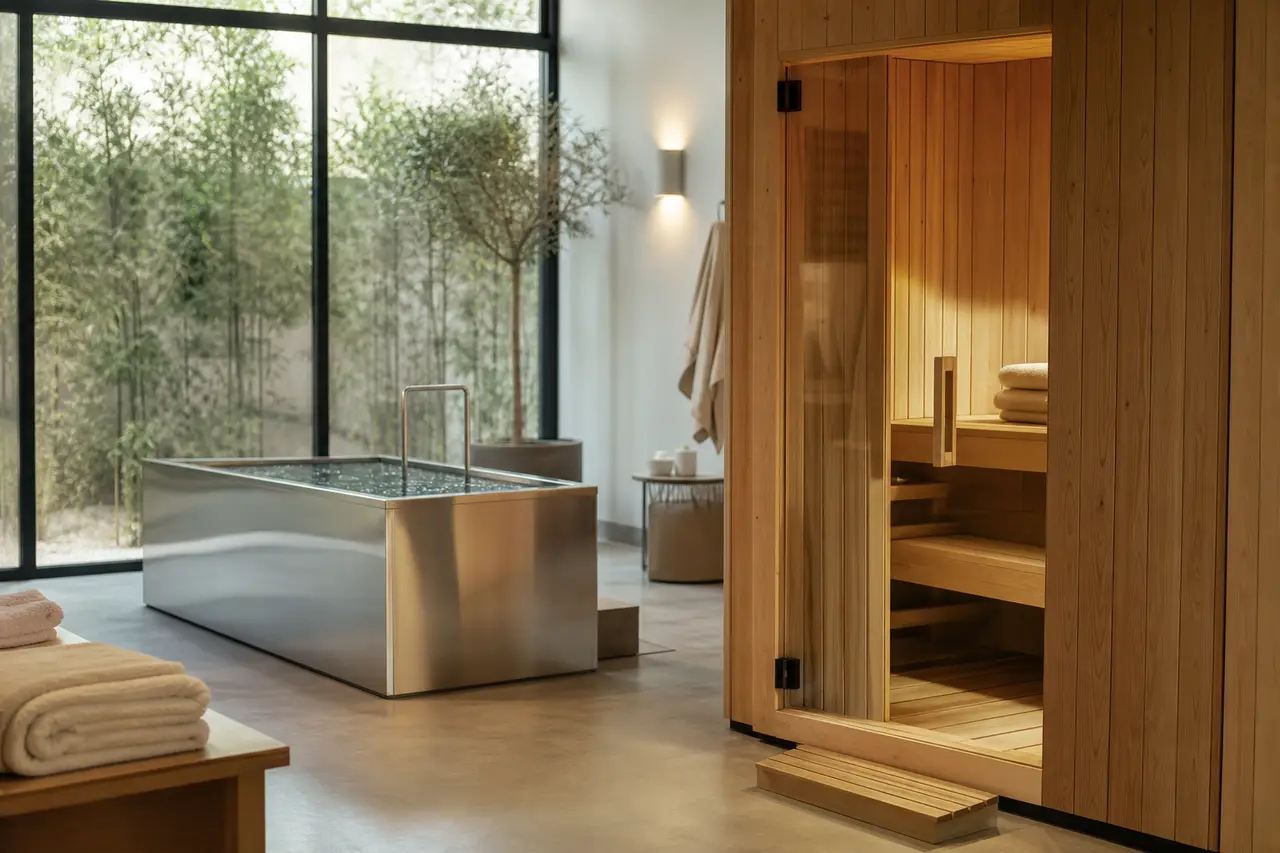 A clean, well-lit recovery studio with a wooden sauna cabin and a stainless cold plunge tub, towels folded on a bench