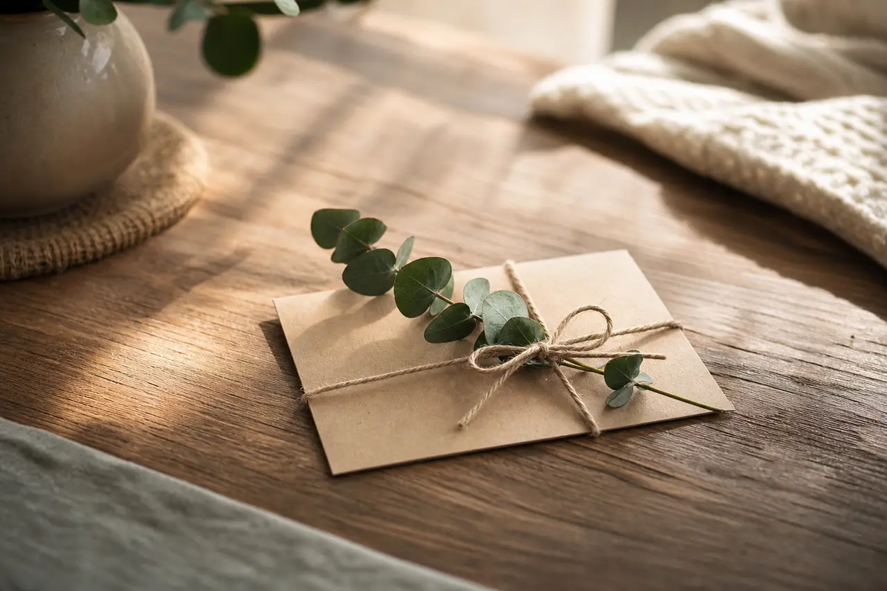 A simple gift card and a sprig of eucalyptus tied with twine on a wooden table in soft light