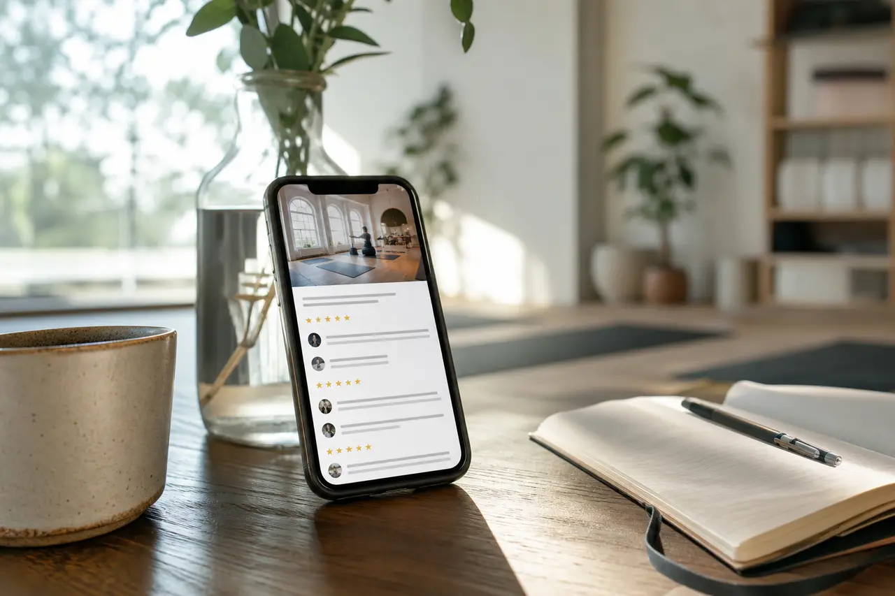 A phone showing a review page on a cafe table beside a notebook and a cup, soft daylight