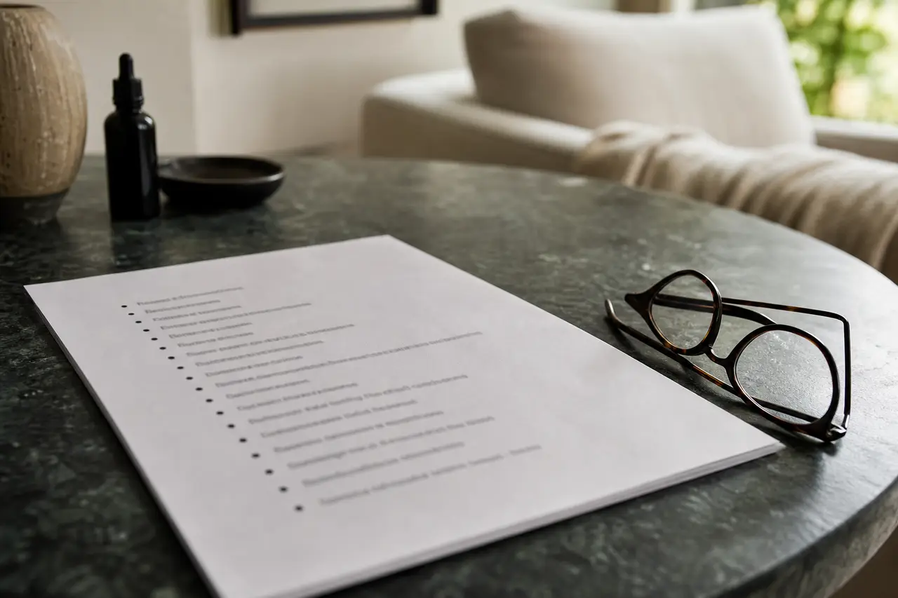 A printed treatment list on a table beside a pair of reading glasses