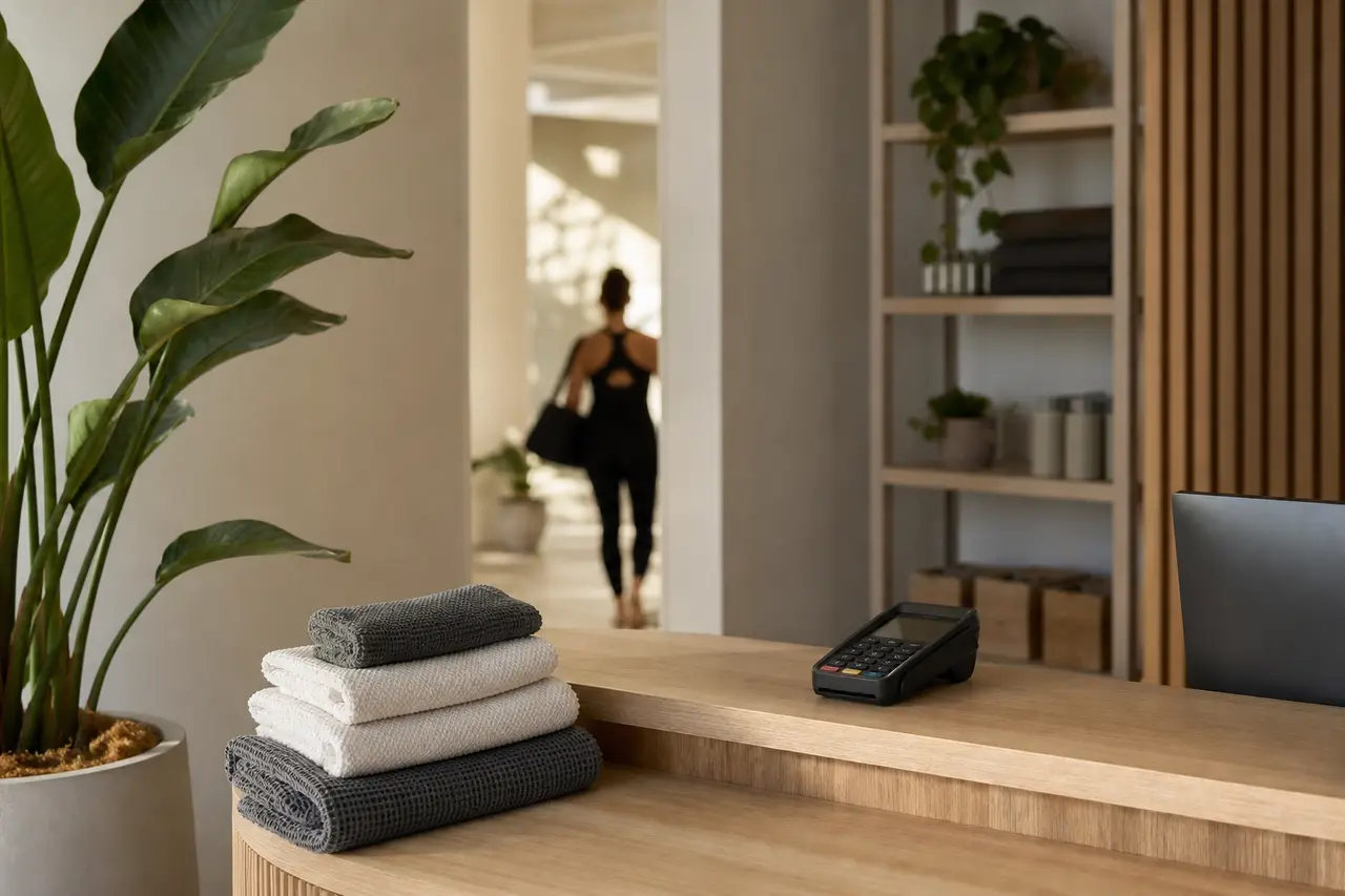 A studio reception desk with a card reader, a plant and folded towels
