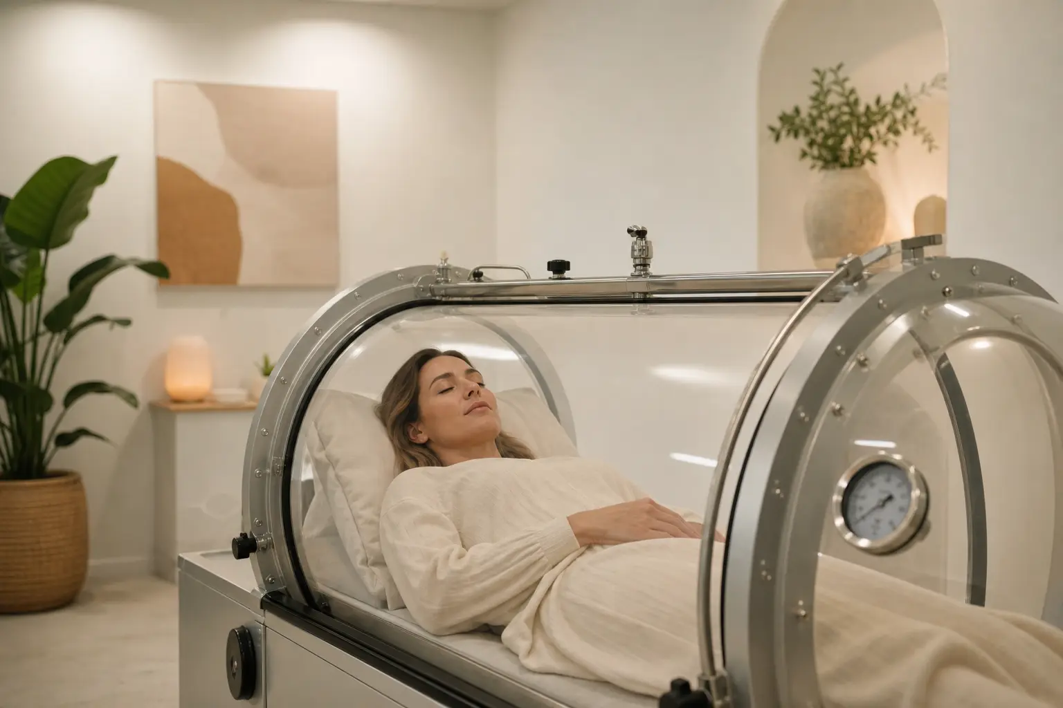 A person reclining inside a transparent hyperbaric oxygen chamber in a clean medical-adjacent wellness clinic, soft overhead lighting, white walls, visible pressure gauge on the chamber exterior