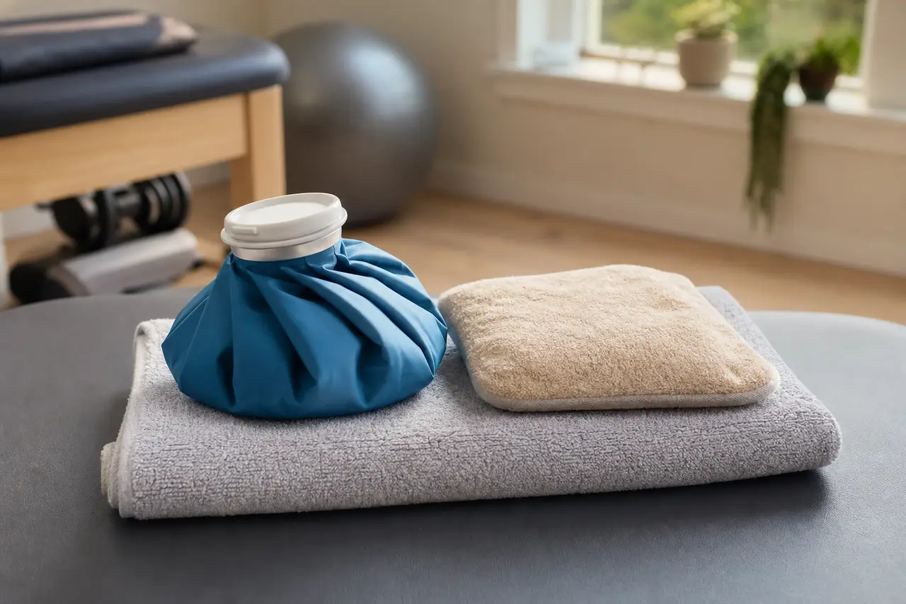 An ice pack and a warm compress resting side by side on a folded towel in soft daylight