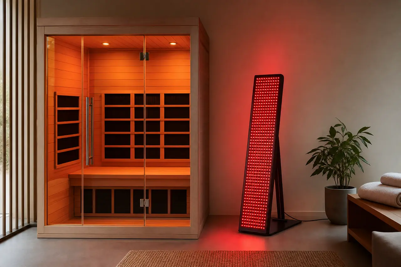 An infrared sauna cabin beside a red light therapy panel glowing warmly in a studio