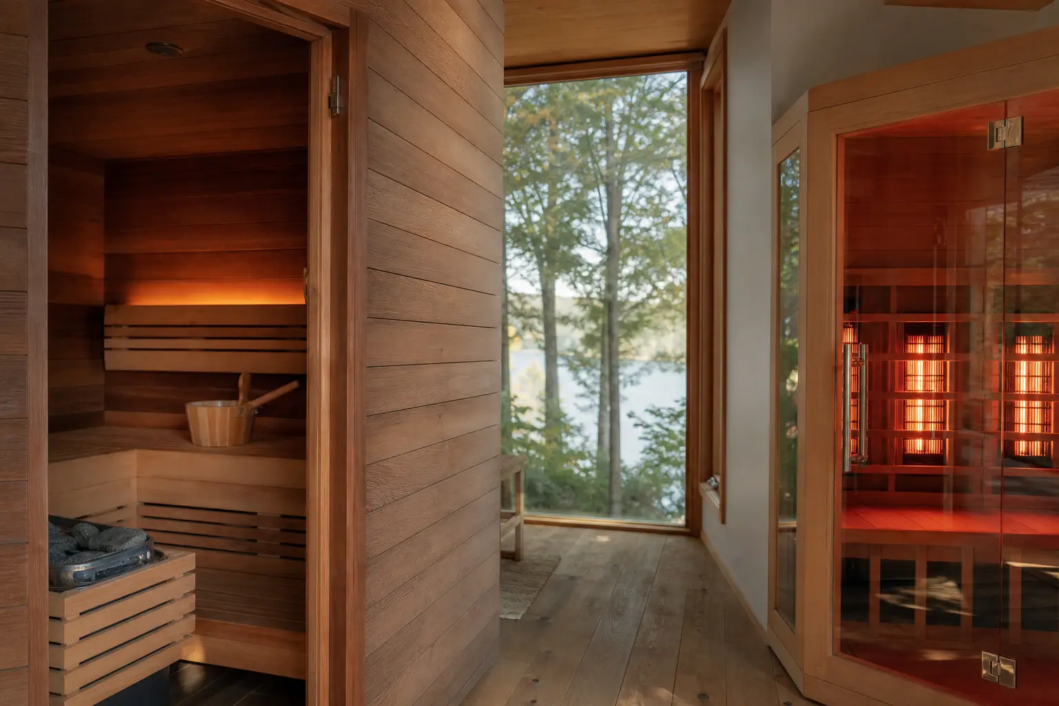 A warm cedar traditional sauna beside a softly glowing infrared cabin in calm natural light