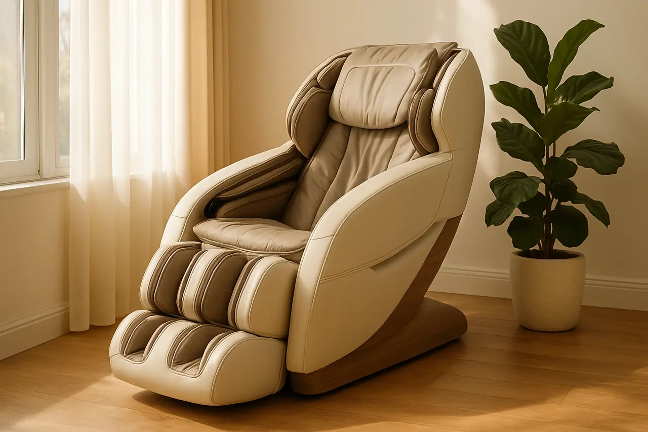 A massage chair in a bright living room corner beside a window and a plant