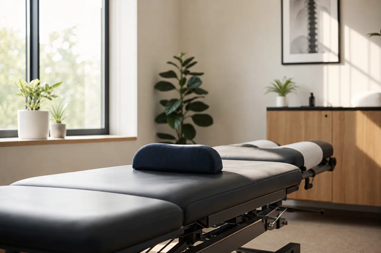 An empty treatment table in a clinic room with a neck support cushion and soft daylight