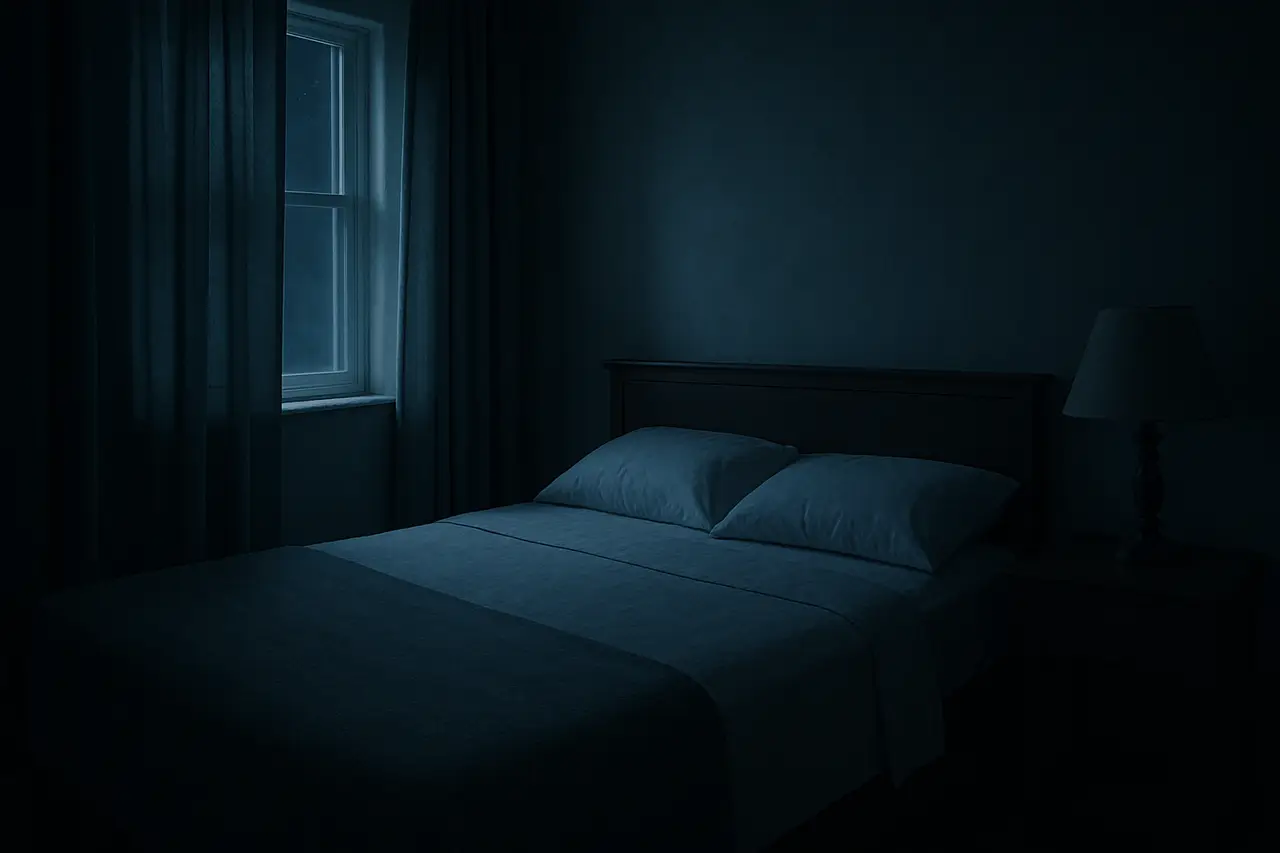 A quiet dim bedroom at night with an empty unmade bed and no people