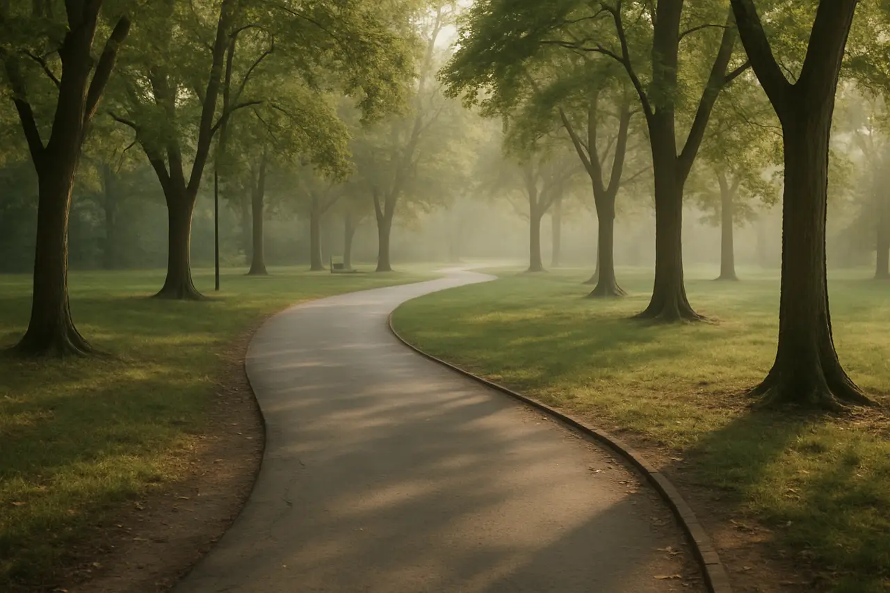 An empty park path in morning light with trees on either side, with no people or text in frame