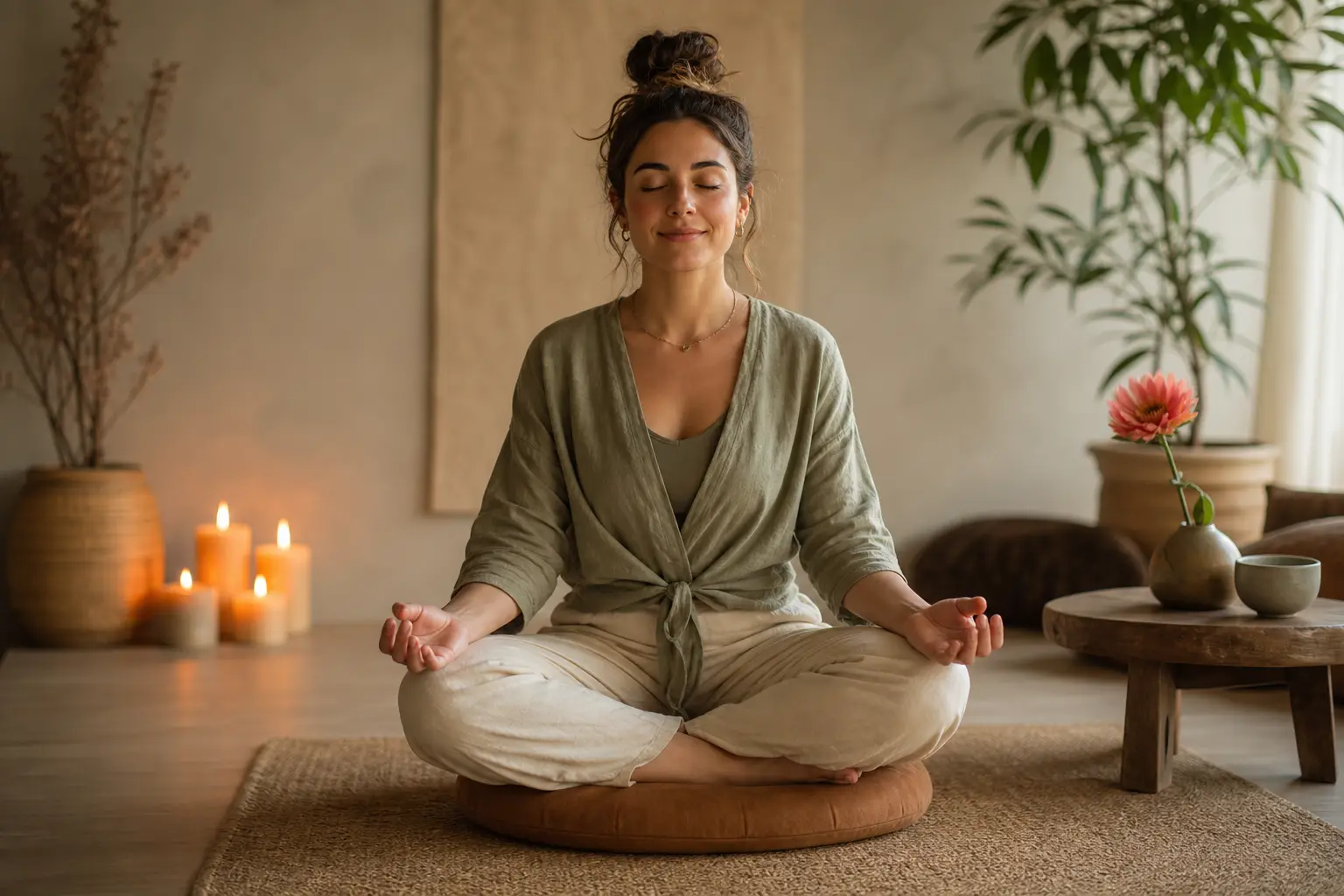 A person seated cross-legged on a meditation cushion in a soft-lit room, hands resting open on knees, a gentle expression on their face, warm candlelight nearby, a single flower in a small vase on a low table