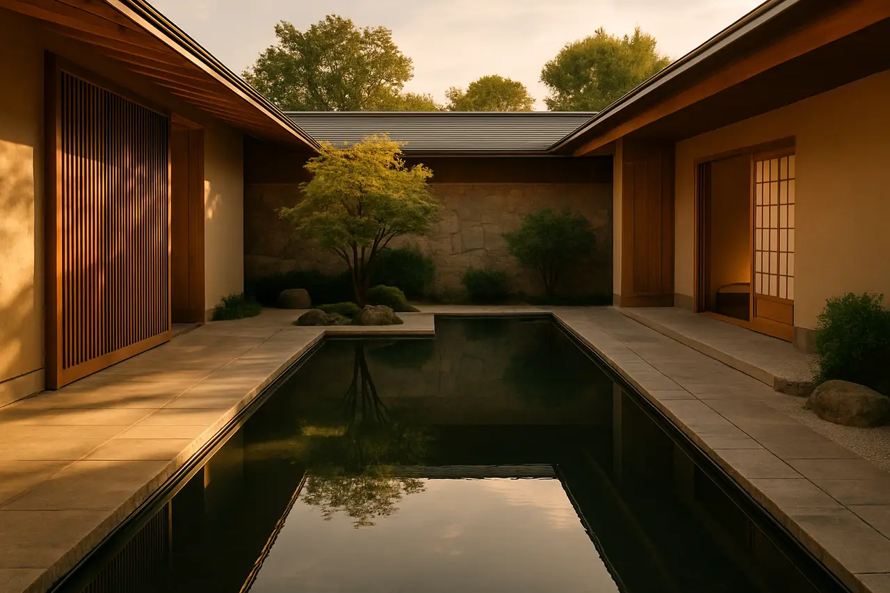 A serene high-end spa courtyard with a still reflecting pool at golden hour