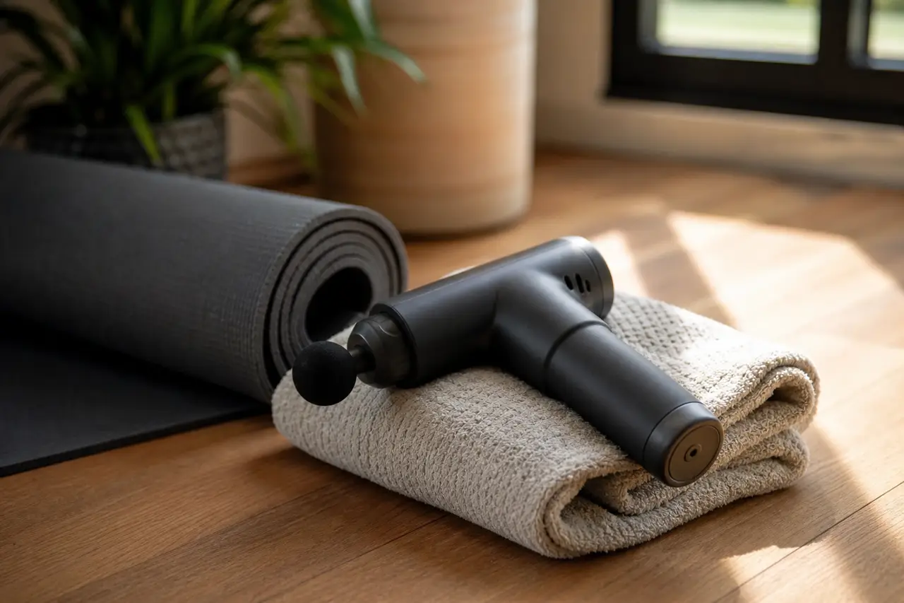 A percussion massage gun resting on a folded towel beside a rolled yoga mat in soft daylight