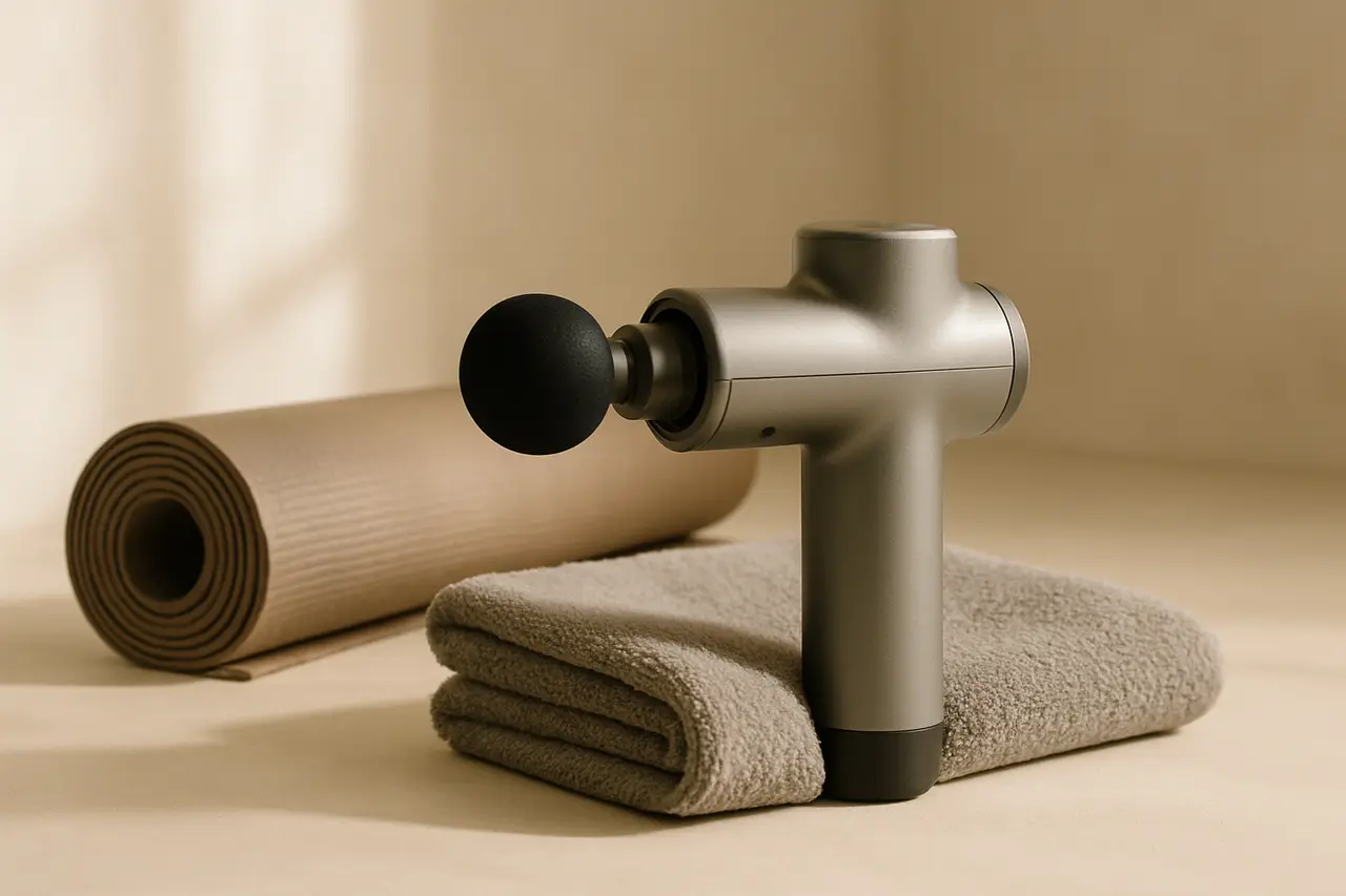 A percussion massage gun resting on a folded towel beside a yoga mat