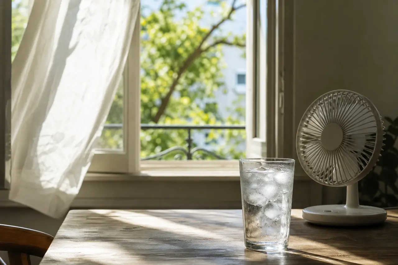 A shaded kitchen table by an open window on a bright summer day, with a large glass of iced water and an electric fan