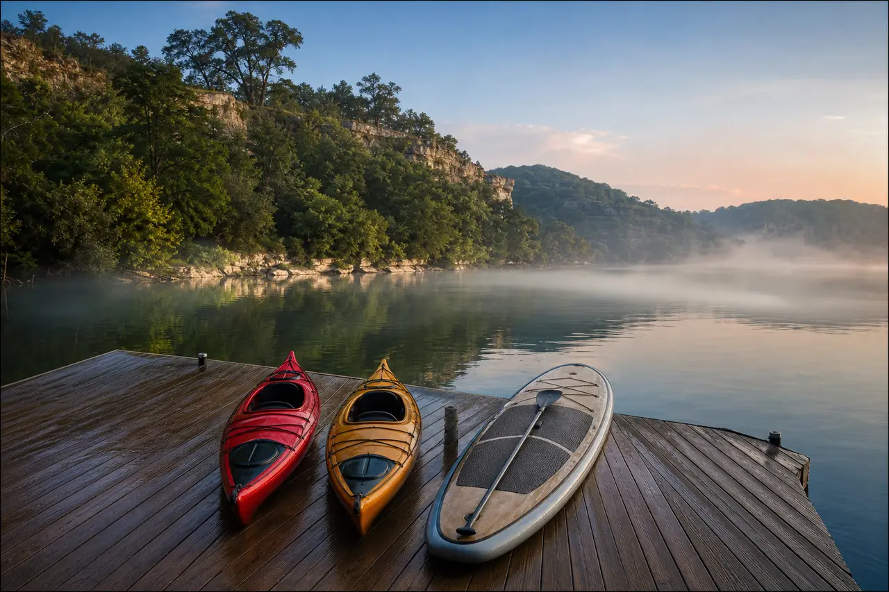 Two kayaks and a paddleboard on a wooden dock beside a misty lake at dawn, wooded limestone bluffs behind