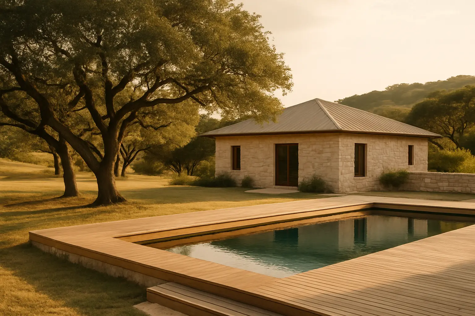 A Texas Hill Country wellness property with limestone walls, live oaks and a spring-fed pool