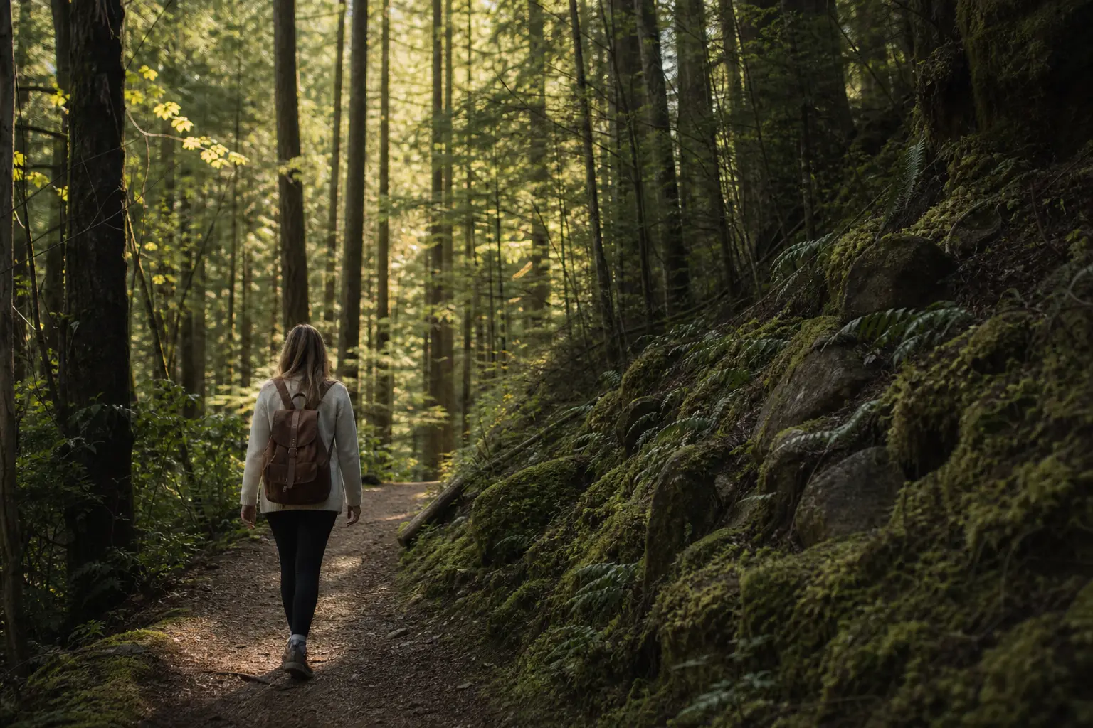 A person walking a quiet forest trail in soft dappled light, calm and unhurried